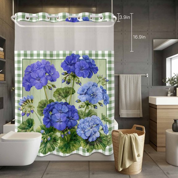 No Hook Shower Curtain with Snap in Liner, Rustic Blue Flower Leaf Waterproof Fabric Bathroom Curtain Mesh Top Window, Pastoral Plant on Green Wood Buffalo Plaid Shower Curtains 72x84in