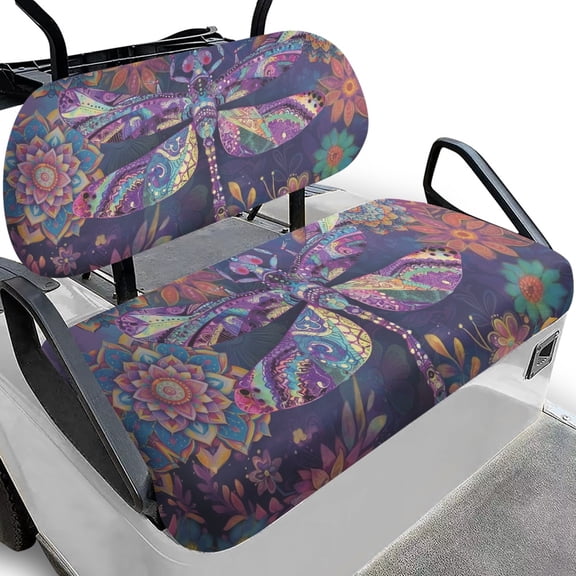 Pzuqiu Dragonfly Floral 2-Piece Golf Cart Seat Cover Set - Breathable Washable Protector for All Weather Golfing