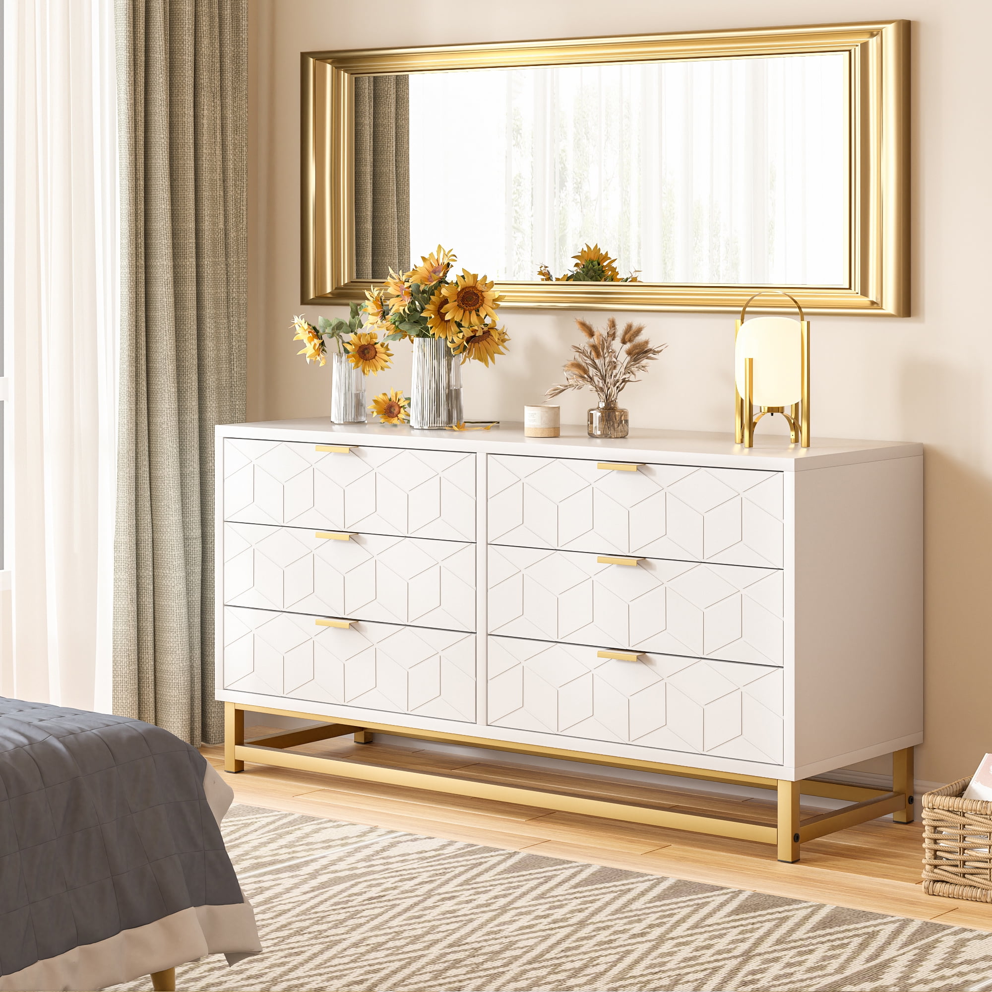 SAINSPEED Dresser with 6 Drawers Golden Handle Golden Base Diamond