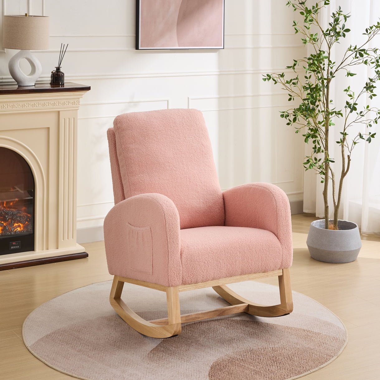 Sherpa Rocking Chair for Nursery with High Back and Side Pocket, 27.2 Inch Glider Accent Armchair with Rubber Wood Legs for Living Room or Bedroom, Pink
