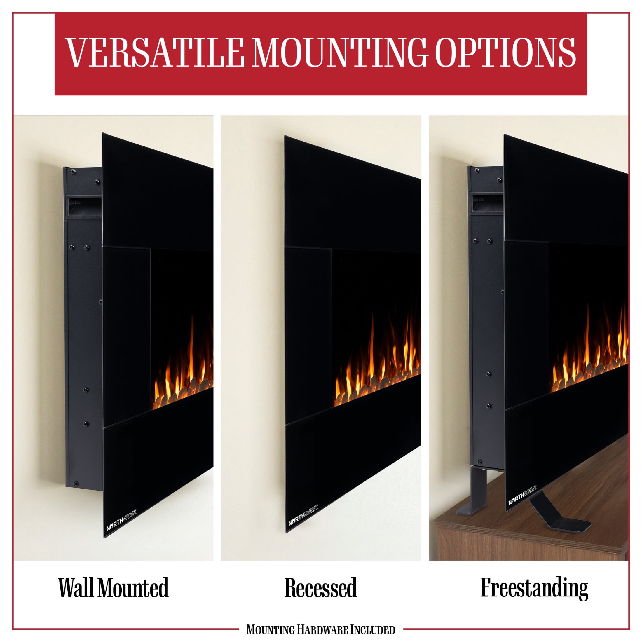 Northwest 72in Wall Mount Electric Fireplace with Bluetooth Speakers, Black