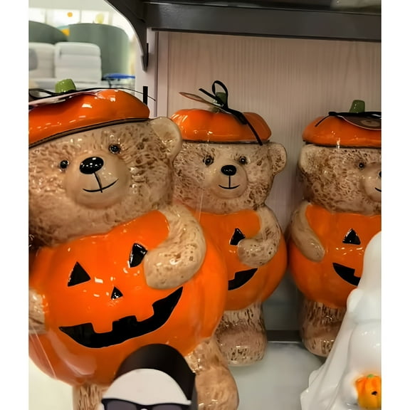 ACDANC Halloween Bear Shaped Ceramic Cookie Jar,11.8" Pumpkin Themed Storage Container with Lid,Decorative Kitchen Canister for Cookies,Candy,Treats,Halloween and Fall Home Décor 1PCS