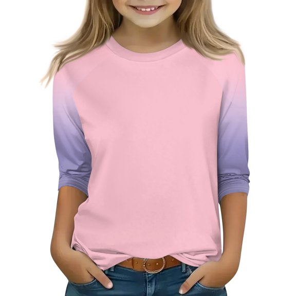 OIOLOYJM 3/4 Length Sleeve Shirts for Girls 2026 Casual Crewneck Color Block T Shirts Spring Cotton Cute Pullover Tops Basic Tees Pink 14-15 Year
