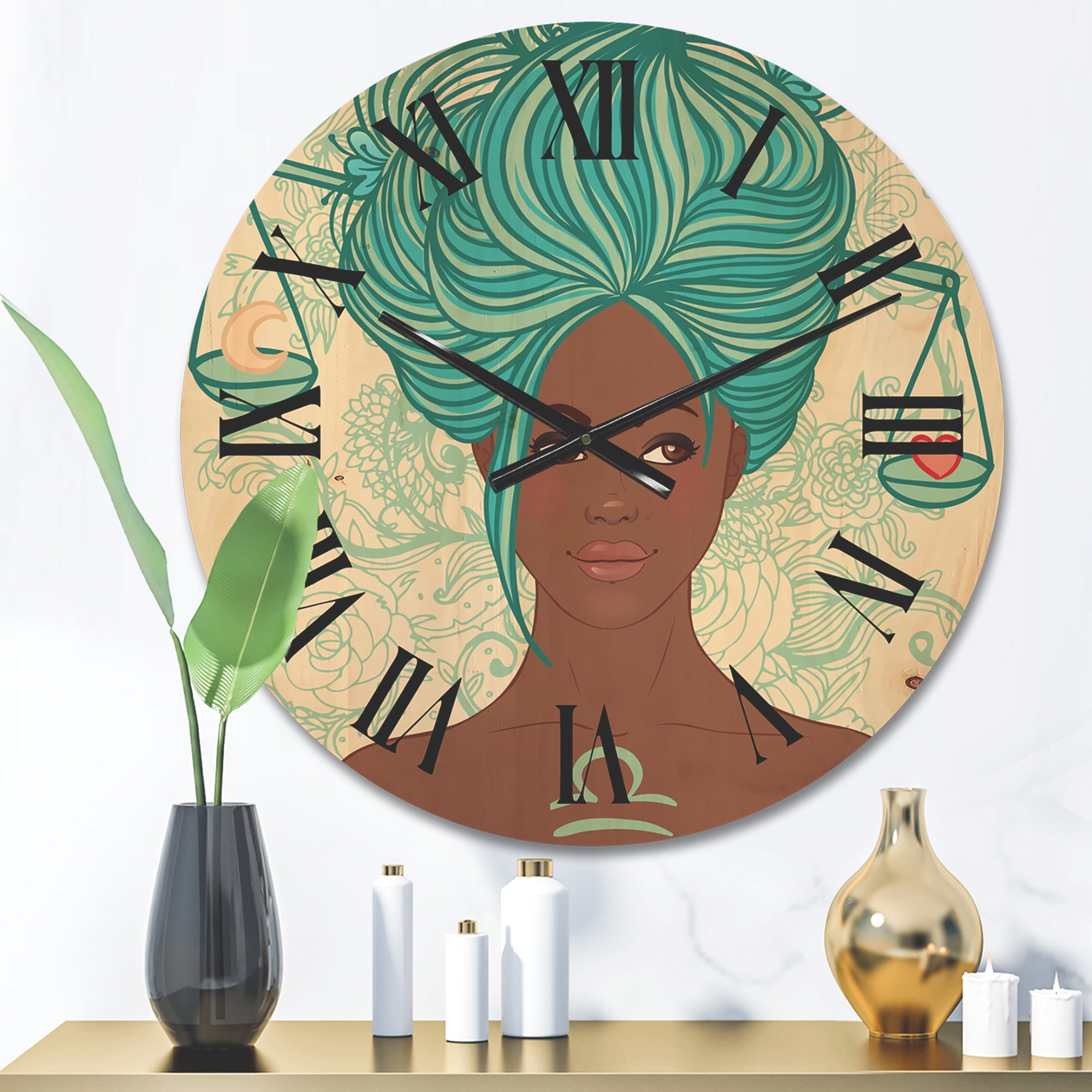Designart 'Portrait of African American Woman With Blue Hair I' Modern Wood Wall Clock