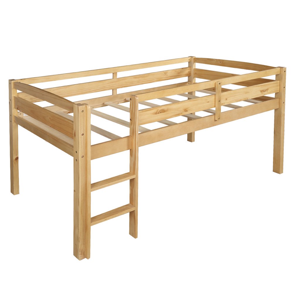 Loft Bed for Kids Wood Bunk Bed with Ladder Twin Size Bed Guard Rail