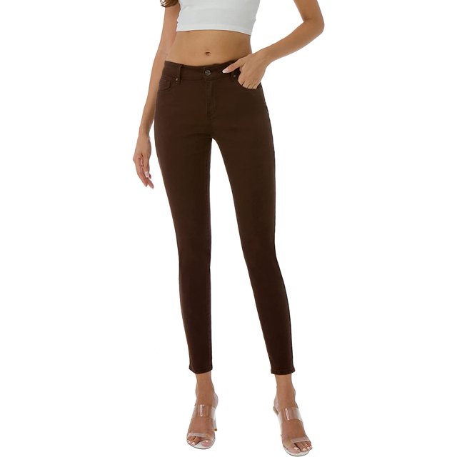 Vaqueros elásticos ajustados de tiro medio de colores con bolsillos reales completos de algodón 98 % coloridos para mujer (estándar y grande) Brown-basic6 Long