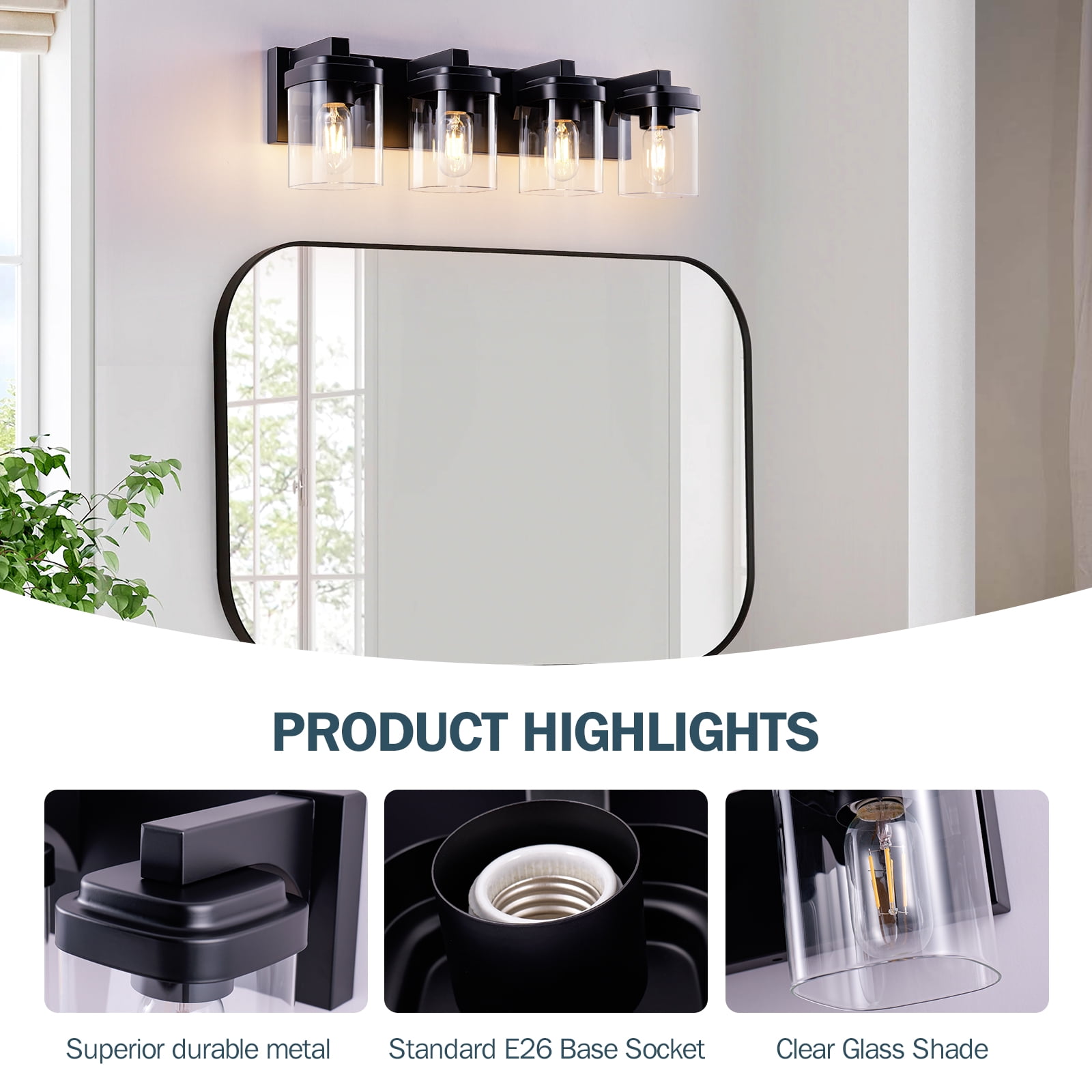4-Light Black Bathroom Vanity Light, Modern Vanity Lighting Fixture for Bathroom, 24.09" Matte Light Fixture, Wall Sconces with Clear Glass Shade, Black Bathroom Wall Light Over Mirror