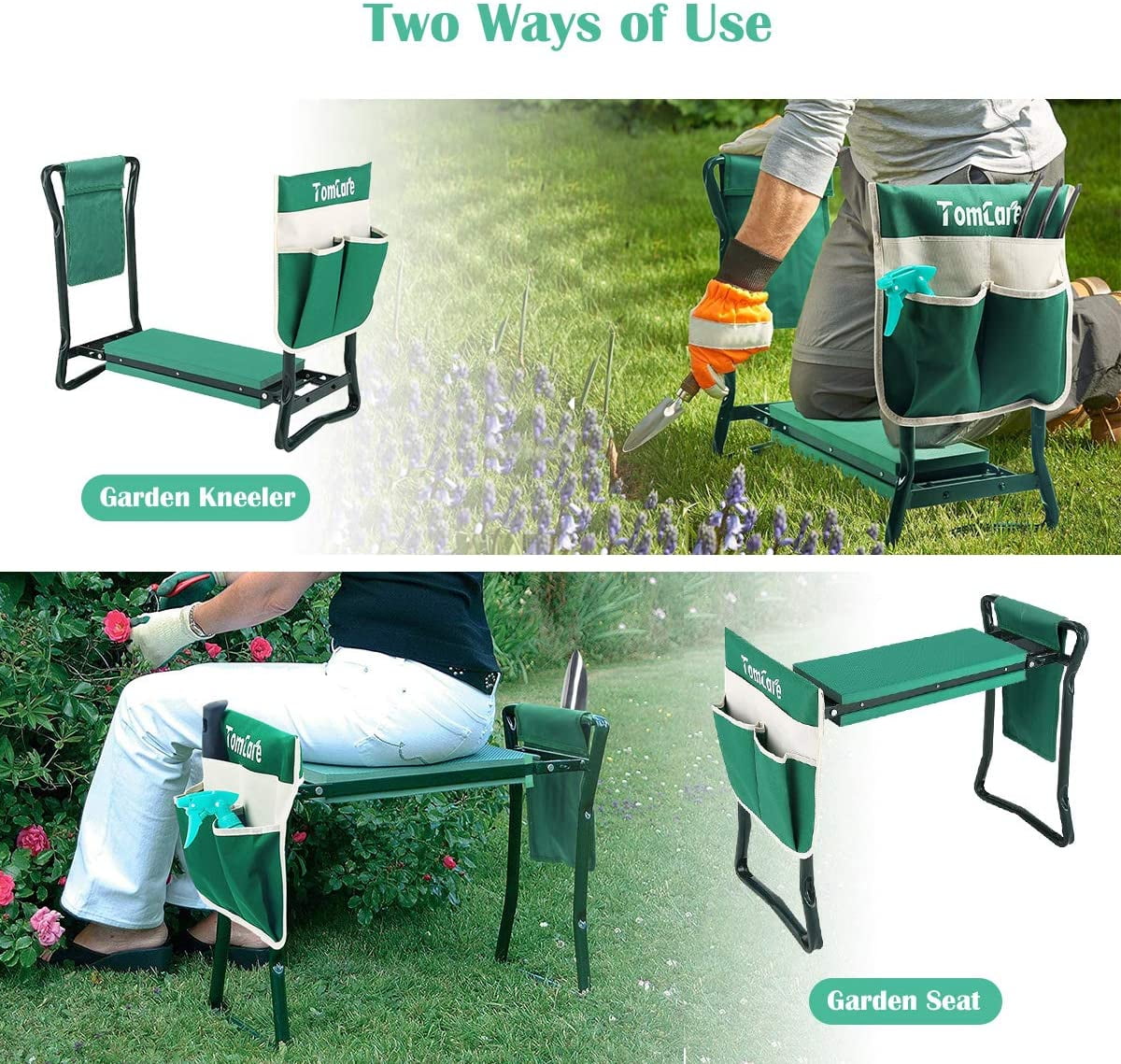 Green Garden Foldable Kneeler/Kneeling Bench Stool Cushion Seat Pad Tools Pouch 