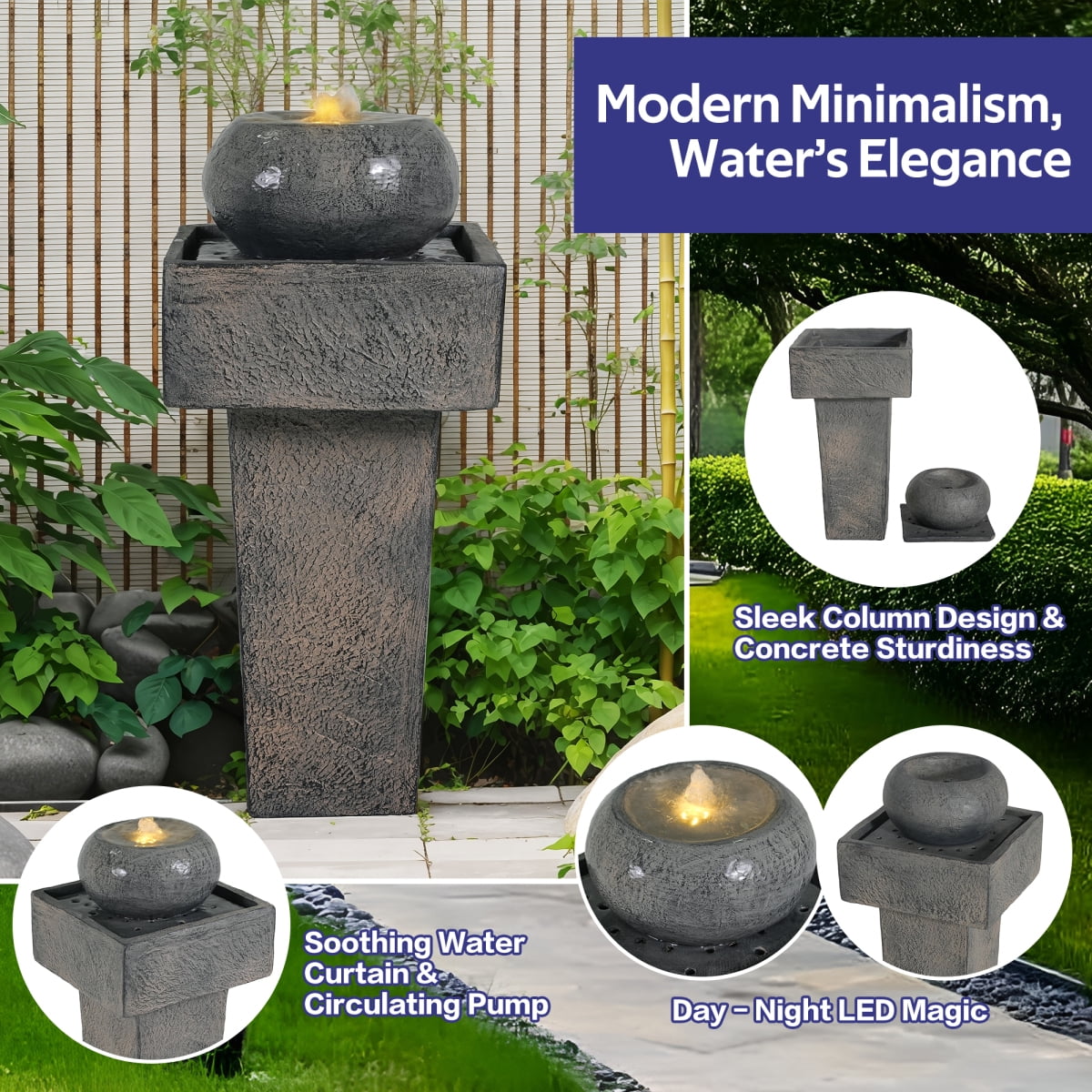 25.59"H Minimalist Concrete Column Fountain with LED Light Modern Outdoor Water Feature for Patio Porch and Garden
