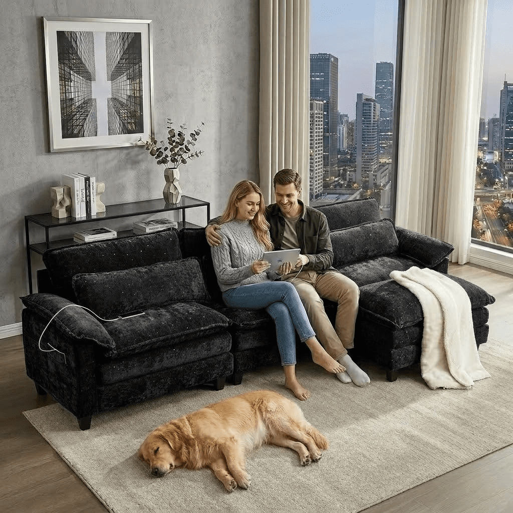 Howcool 113" Modular Sectional Sofa, L-Shaped 3 Seater Cloud Couch with Movable Ottoman, Deep Seat Chenille Sofa with USB Charging Ports & Side Pockets for Living Room, Black