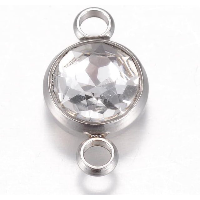 1 pieza de conectores de eslabones de vidrio de acero inoxidable 304 con diamantes de imitación, dijes de eslabones planos y redondos con piedra de nacimiento y doble bucle.