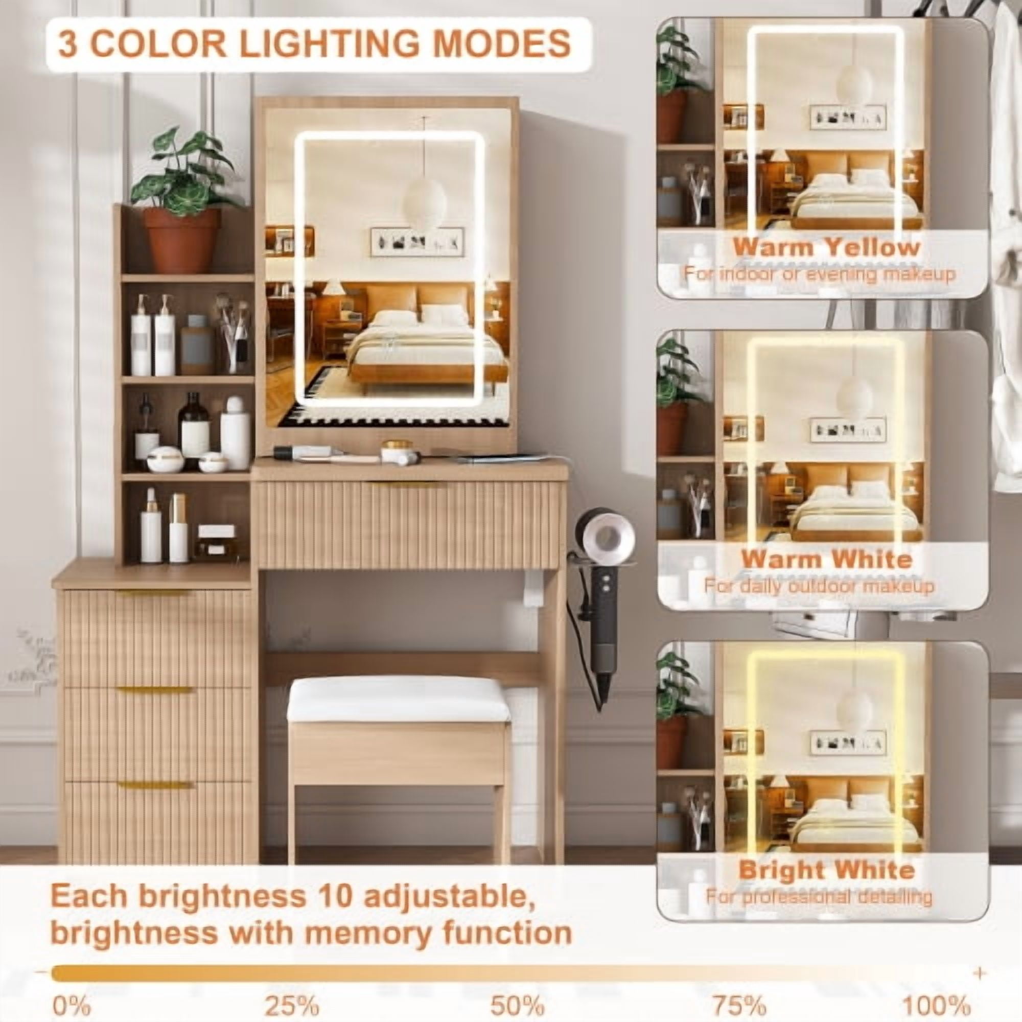 Modern Vanity Desk ,featuring 3 modes of LED lighting with adjustable brightness , with 4 drawers and multiple open storage shelves, with a hair dryer holder and power socket, a dressing chair.