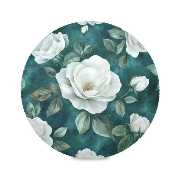 WOBOGO Large White Roses Pattern Round Placemats Set of 6 Heat Resistant Washable Kitchen Table Decorations 15.4in