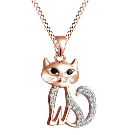 - Cute Kitty Cat Simulated April Birthstone Cubic Zirconia & Black Onyx Pendant Necklace In 14K Rose Gold Over Sterling Silver