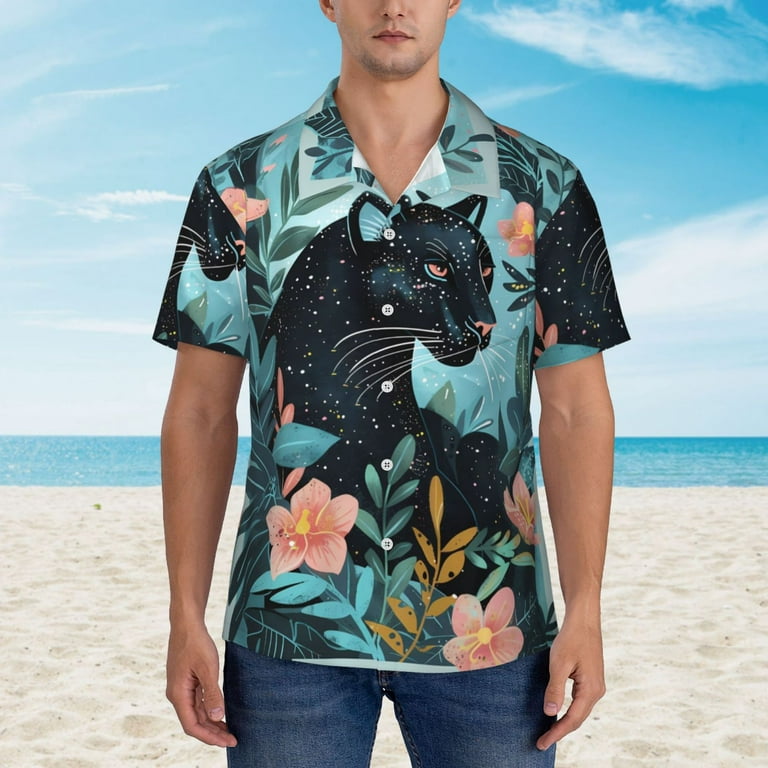 Disketp Black Panther Floral Illustration Hawaiian Shirts for Men