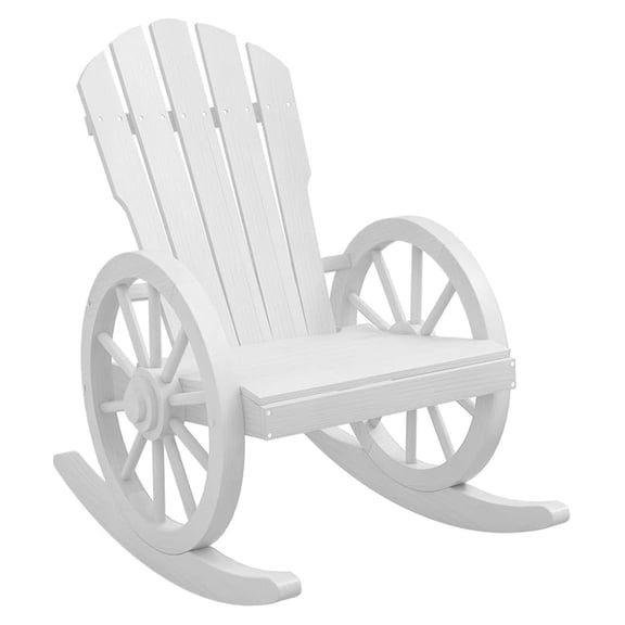 Wooden Rocking Chair, Adirondack Rocker with Slatted Design and Oversized Back, Outdoor Rocking Chair with Wagon Wheel Armrest for Porch, Poolside, and Garden, White