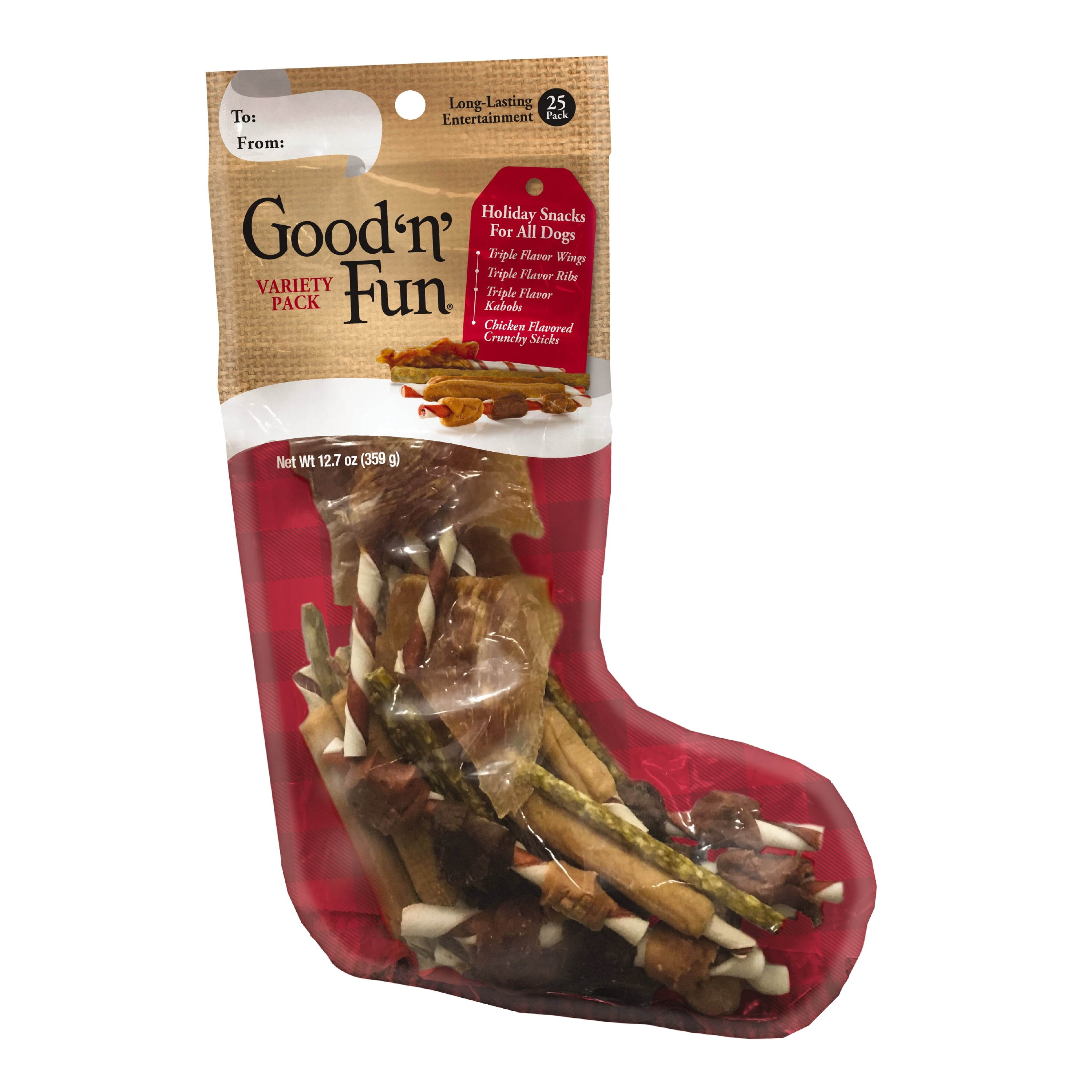 Good 'n' Fun Holiday Stocking, 25 Dog Treats, Includes Kabobs, Wings & Ribs
