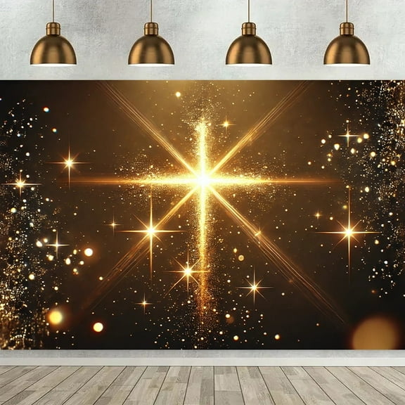 Sparkling Golden Cross Backdrop Black Gold Holy Lights Photography Background Resurrection of Jesus Religious Church Events Party Decorations Banner Supplies Photo Booth Props