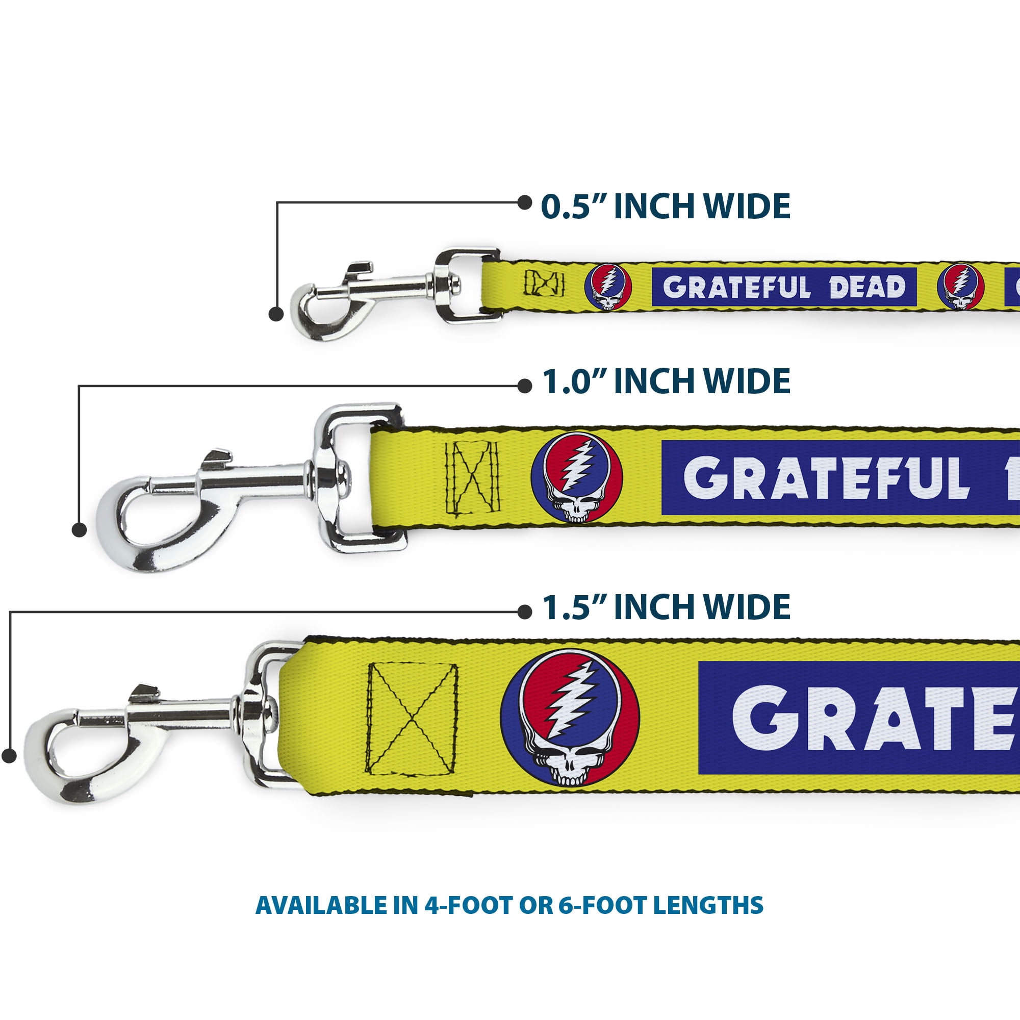 Grateful Dead Pet Leash, Dog Leash, Grateful Dead Text Box and Steal Your Face Logo Yellow/Blue, 6 Feet Long 1.0 Inch Wide