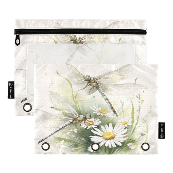 2 Pack Flip Folders with Clear PVC Window Binder Pouches 3-Ring Binder Organizer for Office & Home Dragonflies with White Daisies