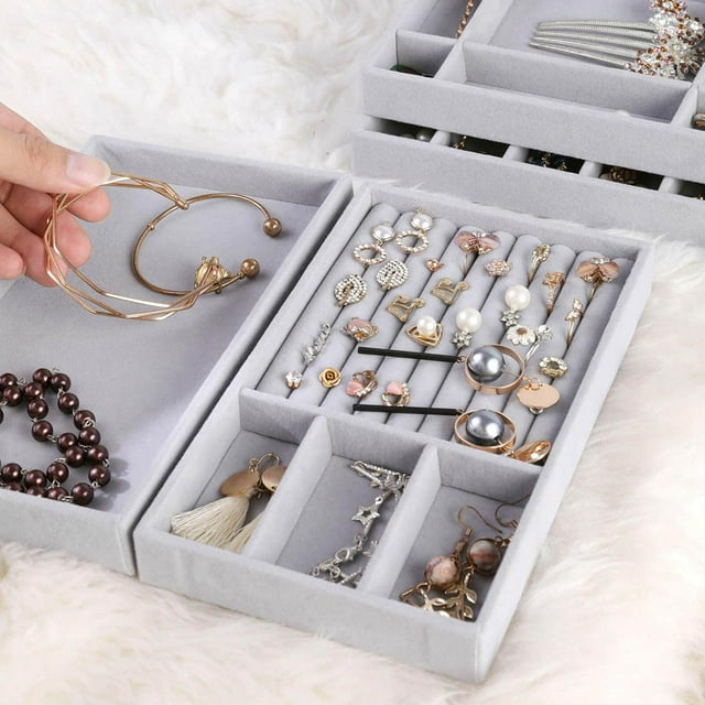 Velvet Jewelry Display Tray Earrings Bracelets Pendants Rings Storage Organizer 6 Grids