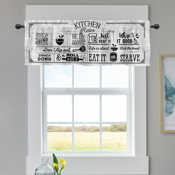 Farmhouse Funny Kitchen Rules Quotes Curtains Valance for Windows, Vintage Wooden Board Seasonal Holiday Short Half Topper Rod Pocket, Home Living Room Bedroom Decor 54" x 18"