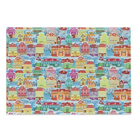 City Cutting Board, Colorful Town Design Ornamental Winter Holiday Christmas Time Architecture Pattern, Decorative Tempered Glass Cutting and Serving Board, in 3 Sizes, by Ambesonne