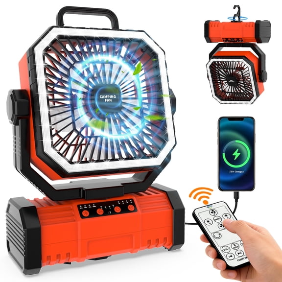 SuperRGB Portable Rechargeable Fan 20000mAh, Camping Fan with LED Light & Remote, USB C Cordless Battery Powered, 4 Speeds Timer Hanging Hook for Travel Tent Outdoor Essentials , Orange