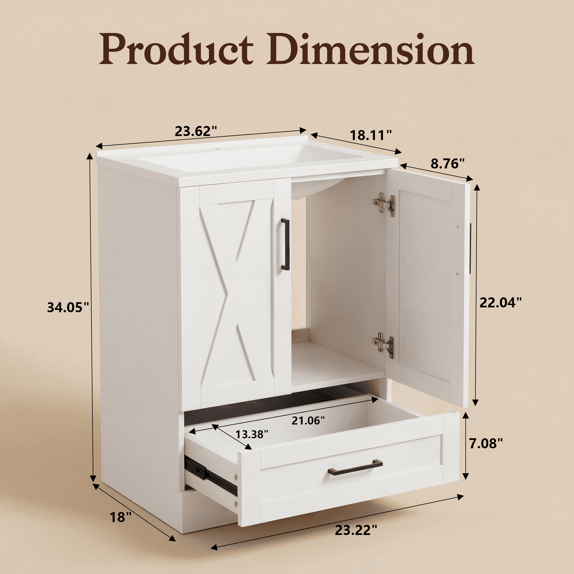 Homall 24'' Bathroom Vanity with Sink, Freestanding Bathroom Cabinet with 2 Door & 1 Drawer, Farmhouse Bathroom Vanity with Basin, White