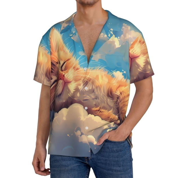 Fotbe Cloud Sleeping Cat Camisa Estampada de Manga Corta para Hombre, Casual de Verano, Estilo Playero, Sin Arrugas-Medium