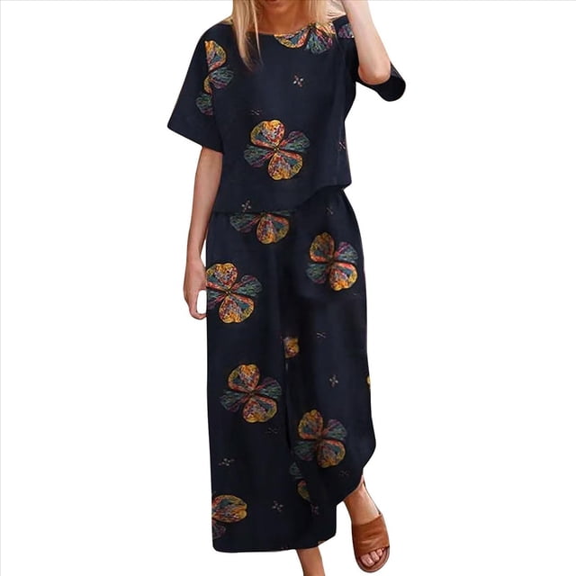 Conjunto de 2 Piezas de de Corta para Mujer, Cuello Redondo, Pantalones de Pierna , Talla Grande, para Verano Flores Azul Marino M