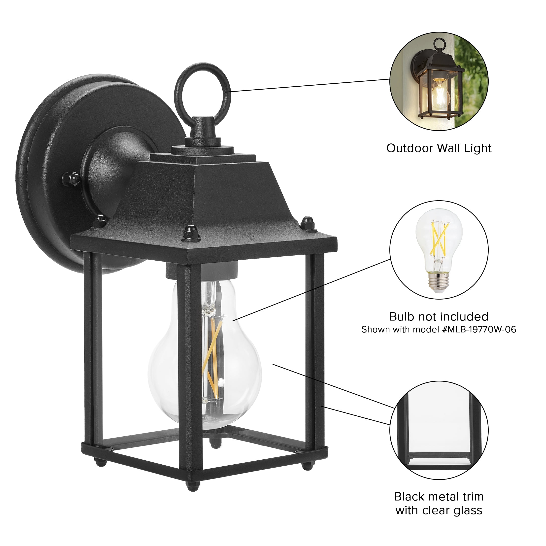 Maxxima Porch Lantern Outdoor Wall Light, Black w/ Clear Glass, Exterior Sconce Light, E26 Socket, Bulb Not Included