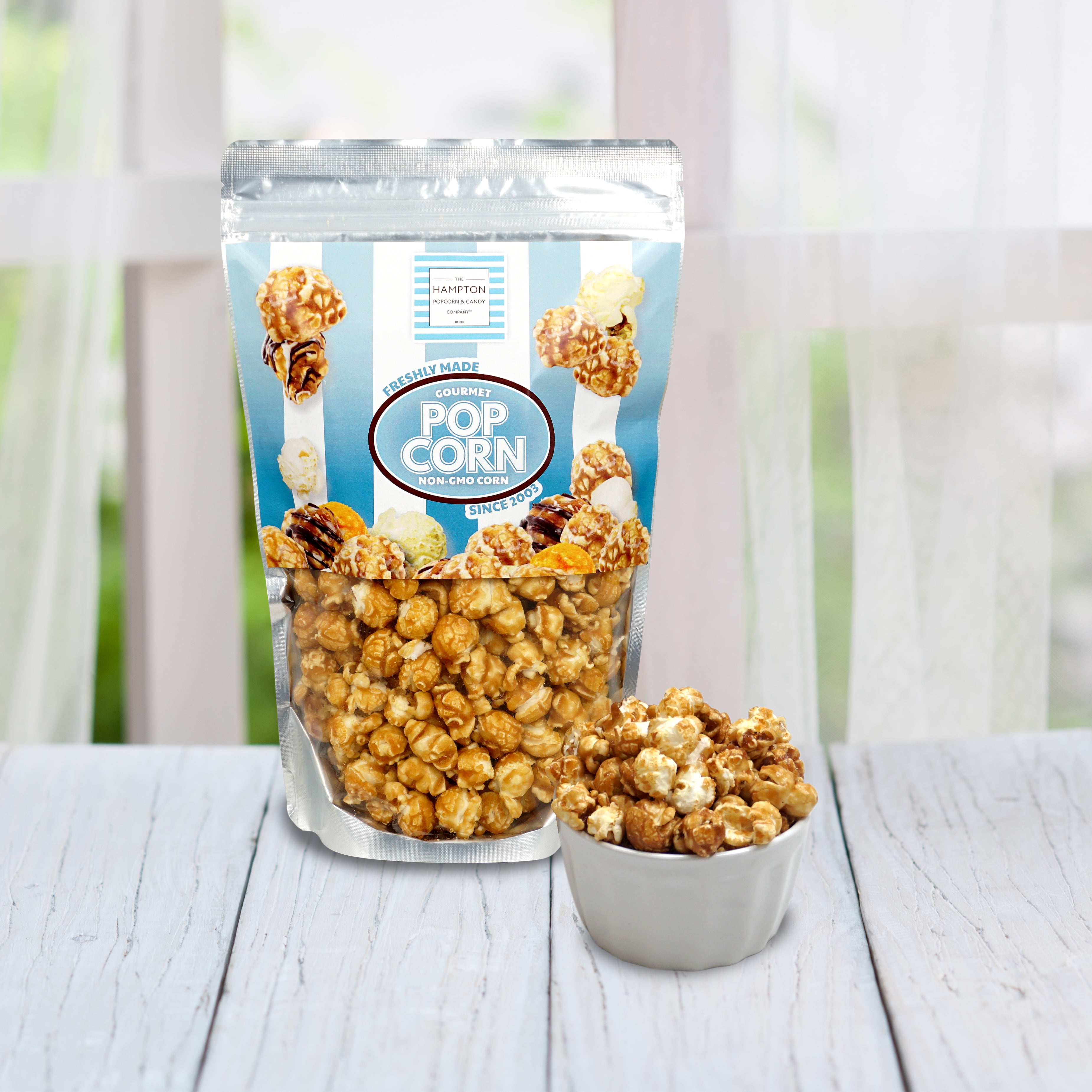 The Hampton Popcorn Company Caramel Popcorn Resealable Zip Bag, 9.5 Ounce (Pack of 6), Caramel Corn, Fresh Gourmet Popcorn