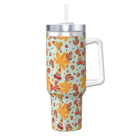 

Fuzoiu Hearts And Autumn Leaves Print 40OZ Ice Bully Stainless Steel Insulated Cup with Handle and Straw - Perfect for Travel and Sports