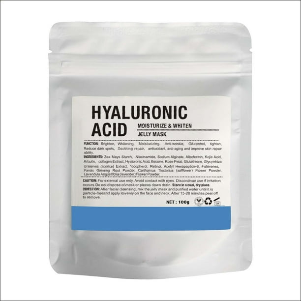 Ingredientes de la mascarilla: Hidratación con polvo de ácido hialurónico. Polvo de ácido hialurónico natural de grado cosmético. 100 g. Película hidratante y para el cuidado de la piel.
