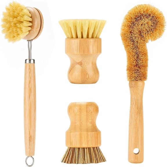 Bamboo Dish Brushes sets 4 Tools in One Kitchen Clean Dish Scrubber for Pots Pans Bottles with Natural Bristles Bamboo Brushes Sets
