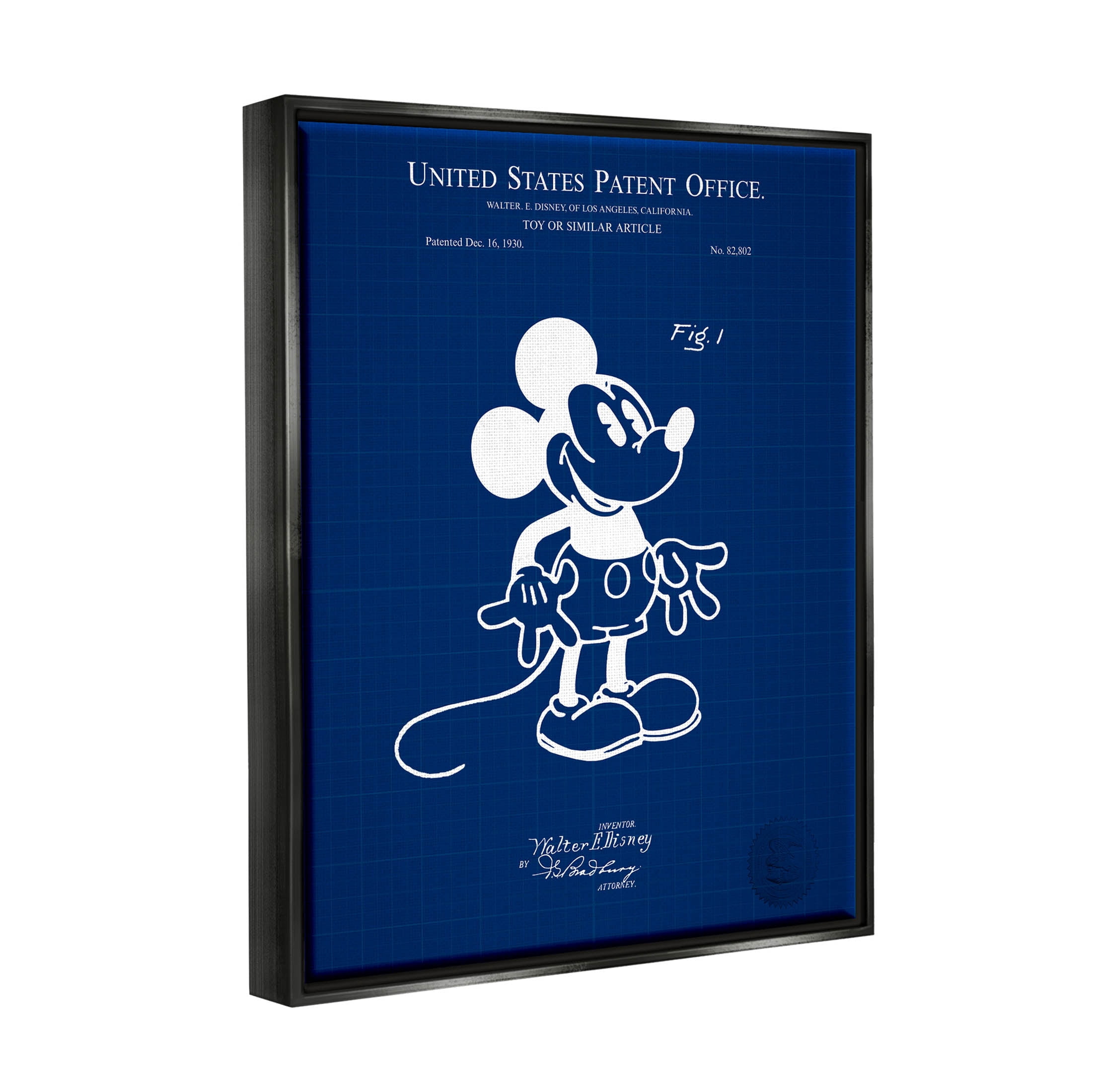 Stupell Industries Cartoon Mouse Character Blueprint Graphic Art Jet Black Floating Framed Canvas Print Wall Art, Design by Karl Hronek