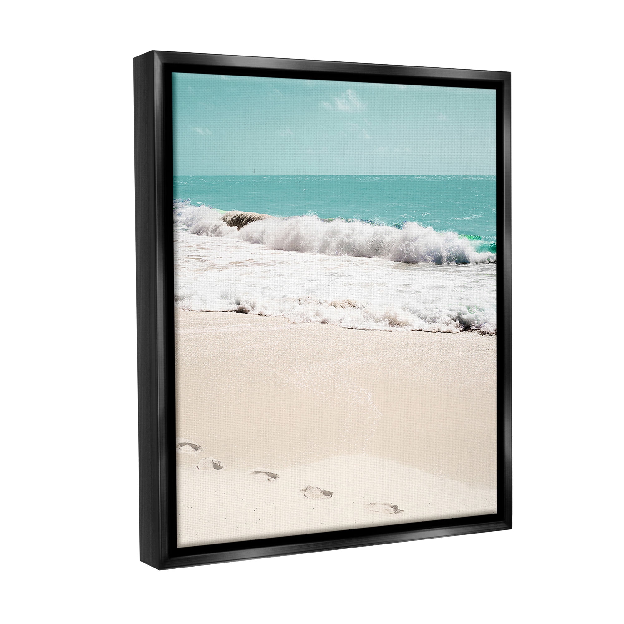 Stupell Industries Footprints on Beach Shore Landscape Photography Black Floater Framed Canvas Art Print Wall Art, 25 x 31