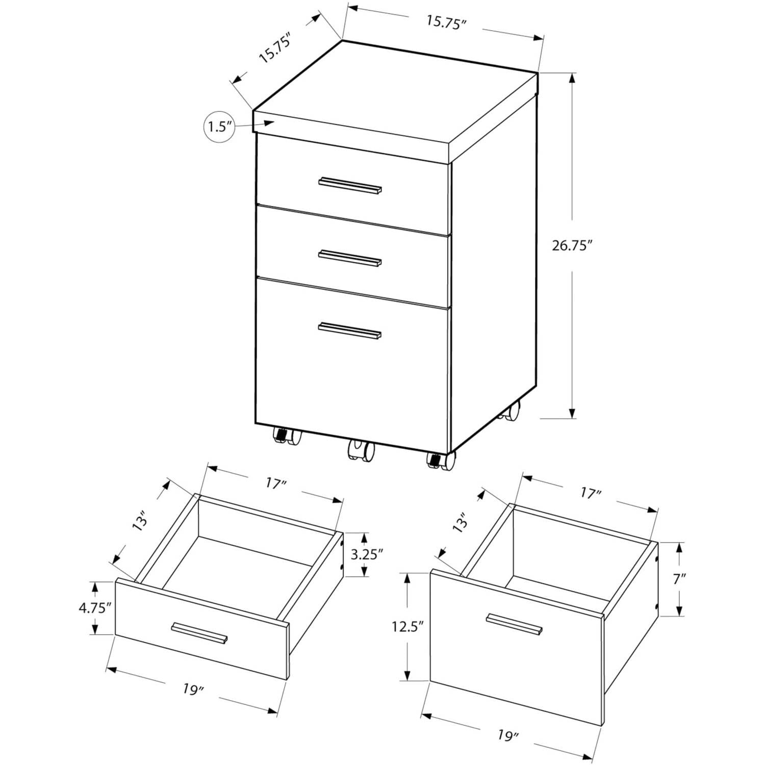 Monarch Specialties Filing Cabinet 3 Drawer, Dark Taupe On Castors