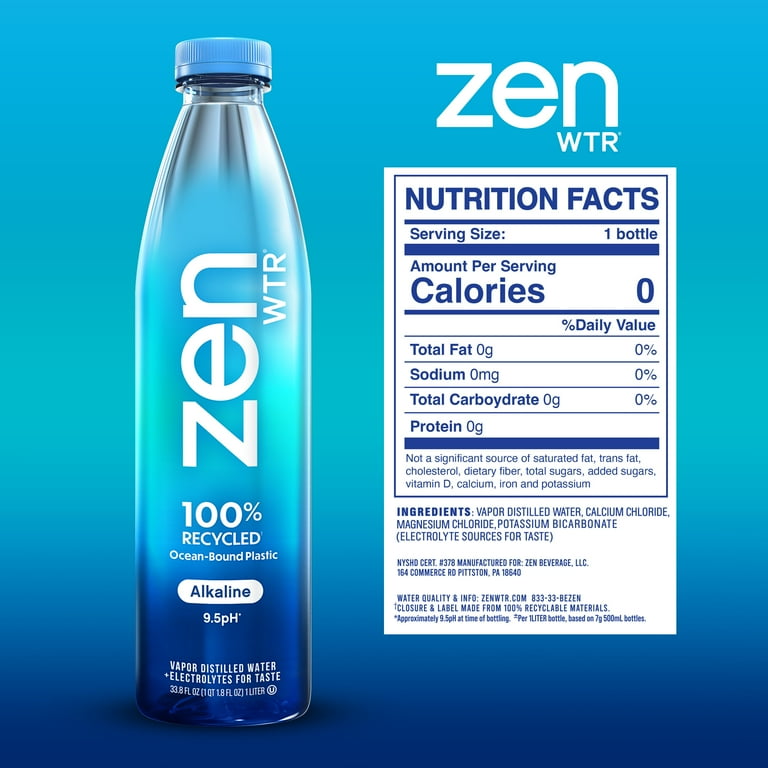 ZenWTR Alkaline Water, Vapor Distilled 9.5pH, 1 Liter, Recycled