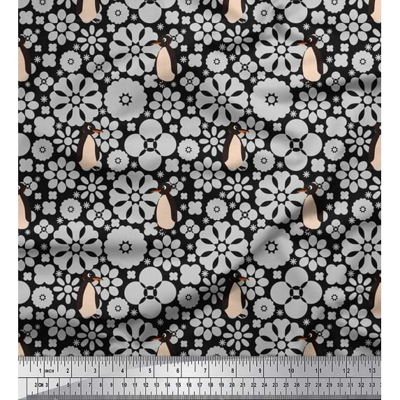 Soimoi Georgette Viscose Fabric Floral & Penguin Ocean Print Fabric by The Yard 42 Inch Wide