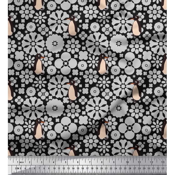 Soimoi Cotton Duck Fabric Floral & Penguin Ocean Printed Fabric 1 Yard 42 Inch Wide