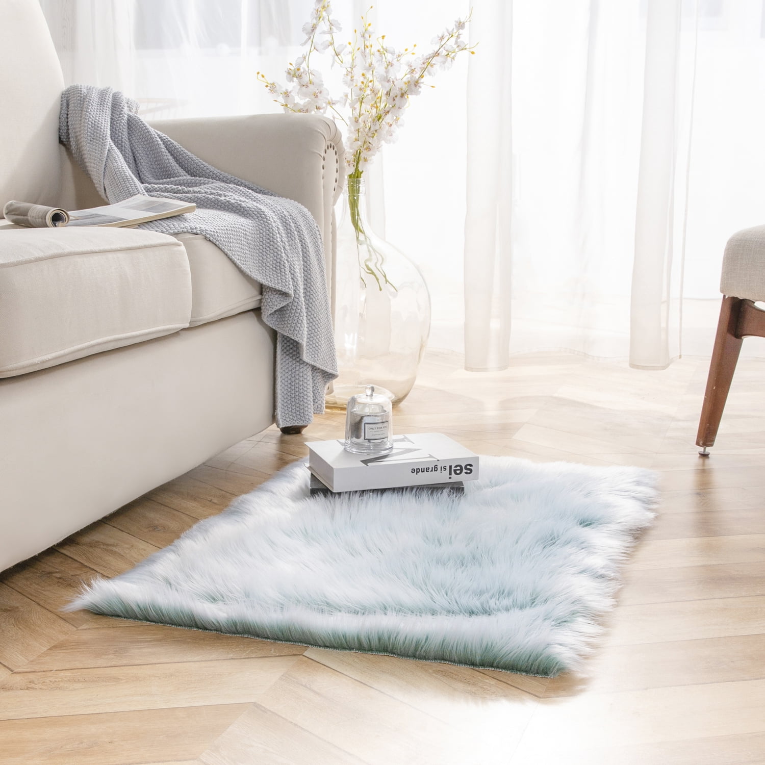 Deluxe Ultra Soft Faux Sheepskin Fur Series Fluffy Decorative Indoor Shag Area Rug, 2 x 3 Feet Rectangle, Turquiose and White, 1 Pack