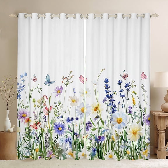 Homewish Multicolor Butterflies Black Out Curtains,Cute Country Floral Curtains Pack of 2 (42x63 Each),Green White Bedroom Curtains For Girl Teens,Super Cozy Room Decor