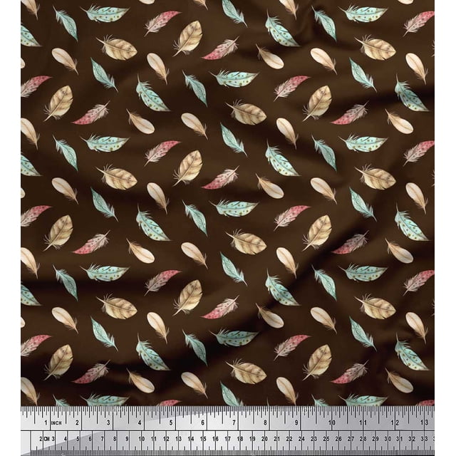 Soimoi Brown polyester Crepe Fabric Artistic Feather Print Fabric by Yard 52 Inch Wide