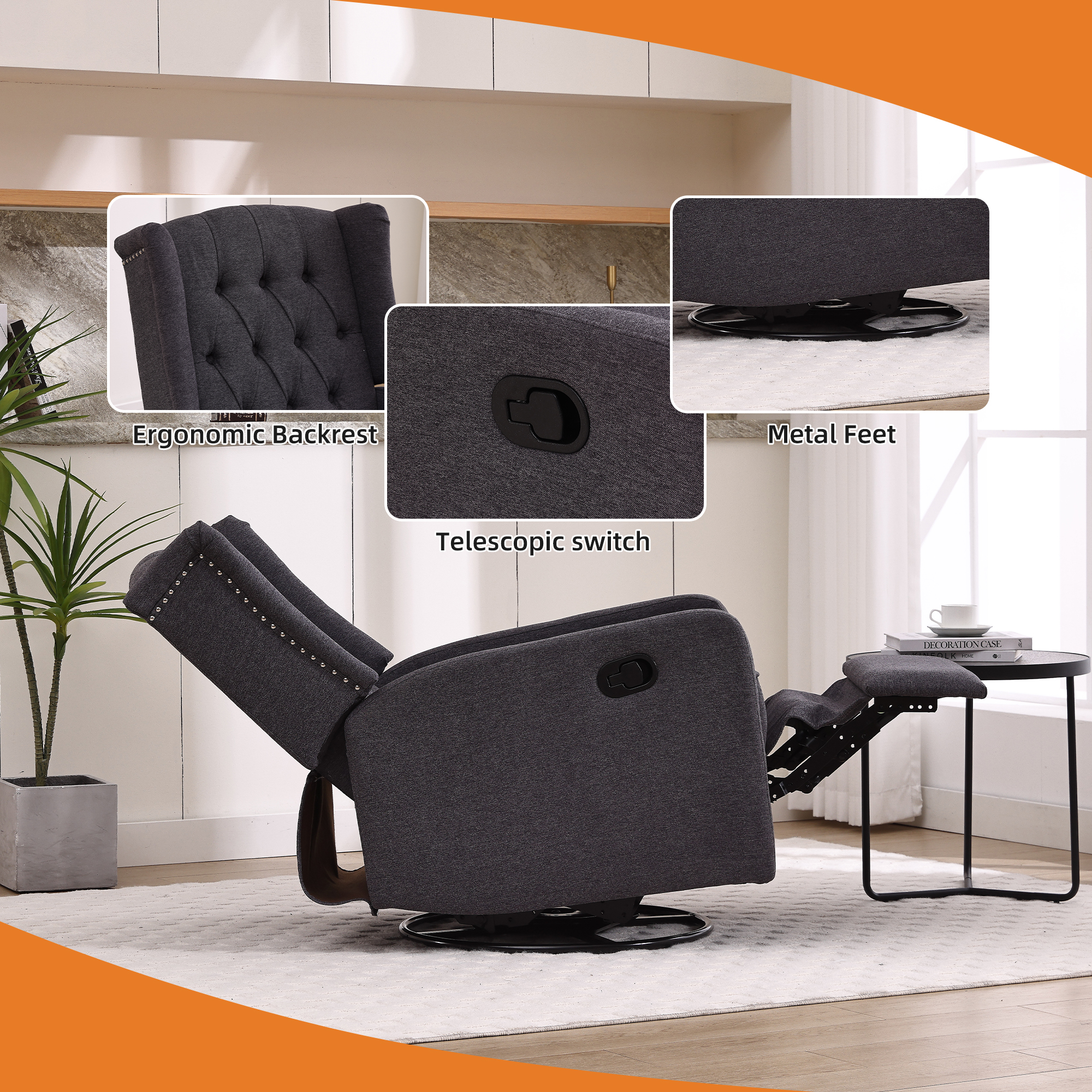 MOONMISS Linen Upholstered 360 Degree Swivel Rocking Recliner Chair for Bedroom,Living Room-Dark Gray