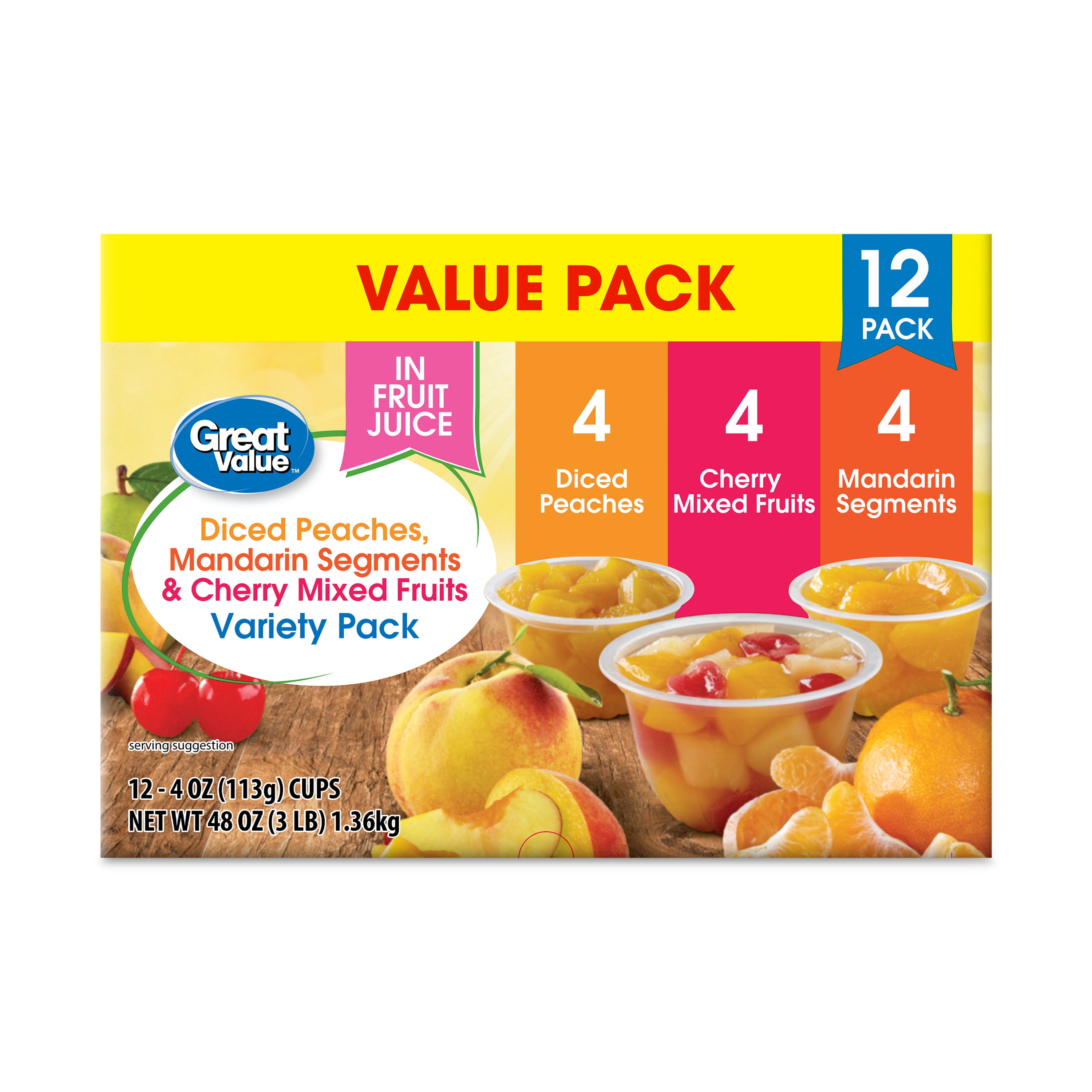 (2 pack) Great Value Diced Peaches, Mandarin Segments, & Cherry Mixed Fruits Variety Pack, 4 oz, 12 Pack