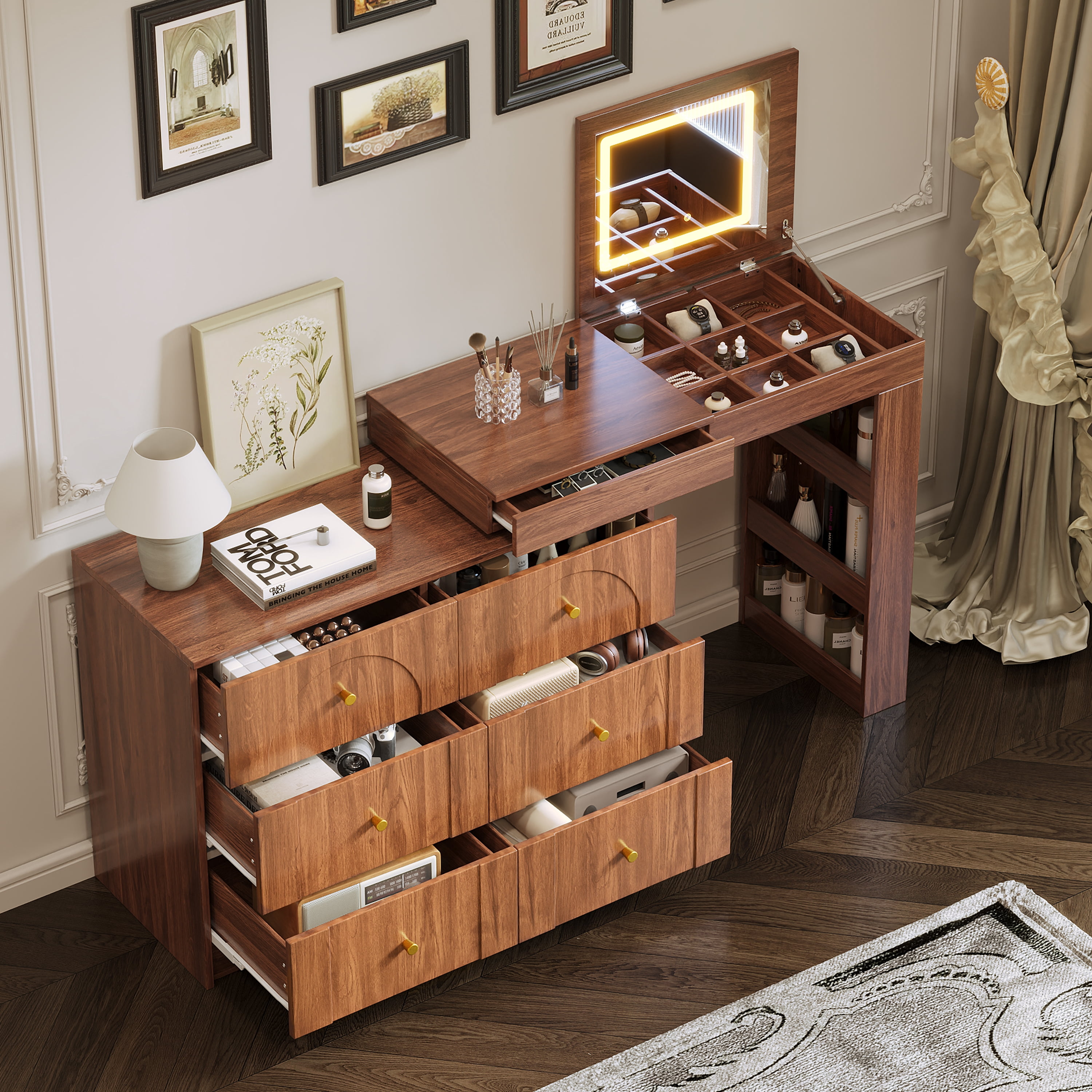 Aukfa Vanity Desk with Mirror,Flip-Top Tabletop & 7 Drawers, Corner Vanity Set, Walnut