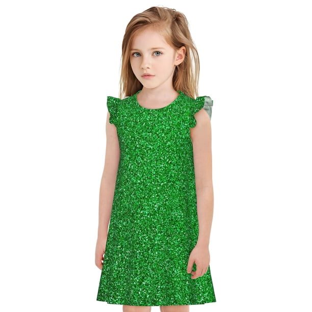 Balery Green Sparkling Shiny Camisón de princesa para niñas, pijama de algodón con mangas abullonadas, suave y bonito.-Small