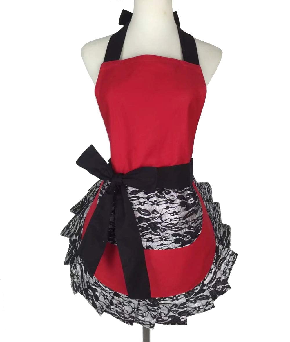 Hyzrz Cute Lace Flirty Apron With Pocket Fun Retro Sexy Cooking Pinup Aprons For Women Girls 